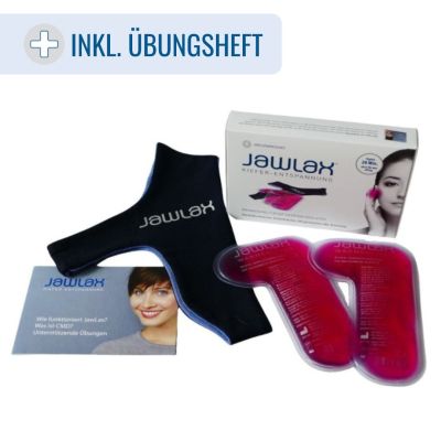 JAWLAX Set zur Kiefernmuskel-Entspannung bestehend aus einem Stoffband, zwei Wärmepads, sowie einer Gebrauchsanleitung mit Übungen